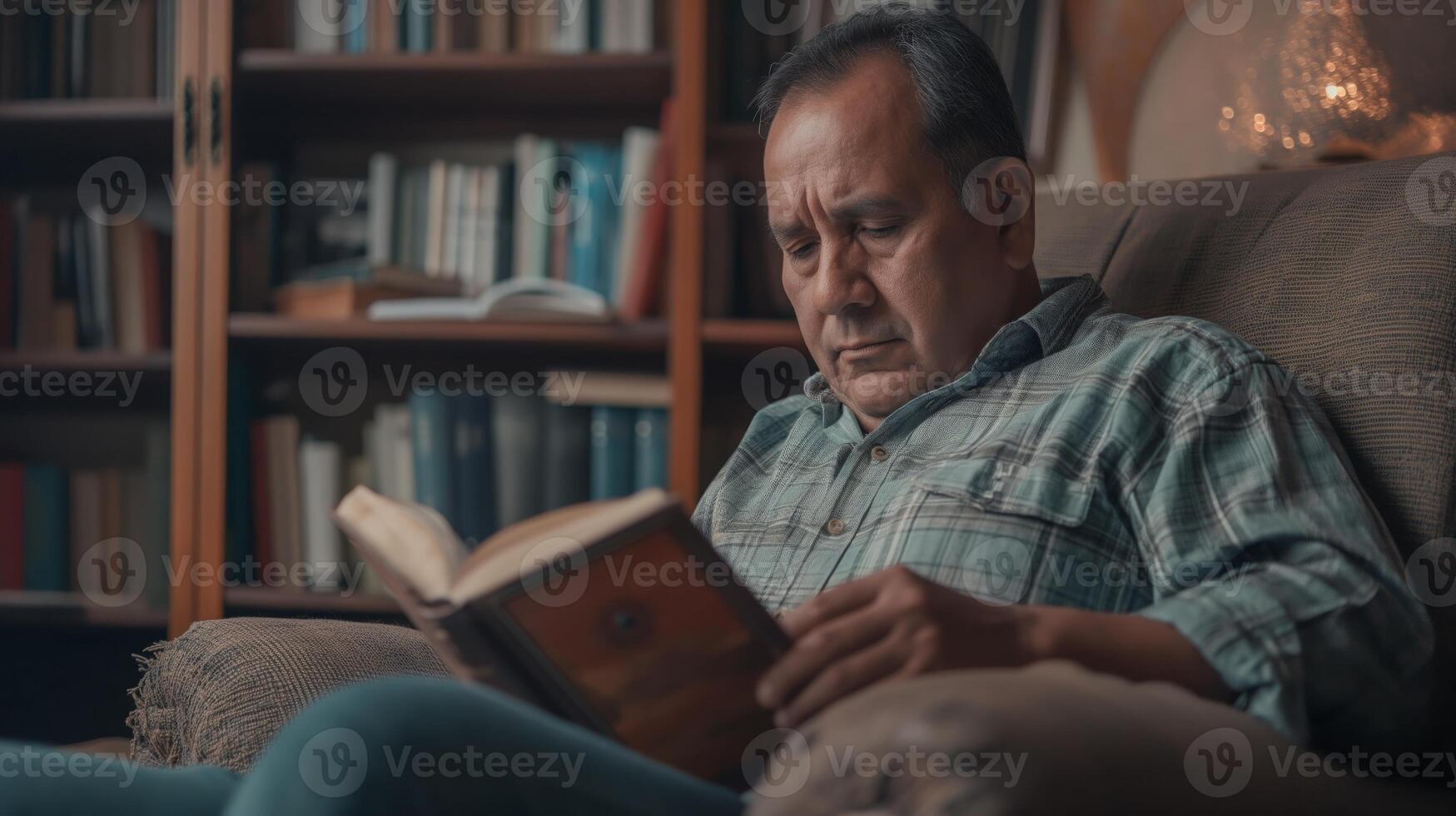 Pensive Hispanic Man in His 40s Reading a Book in Cozy Home Library Setting photo