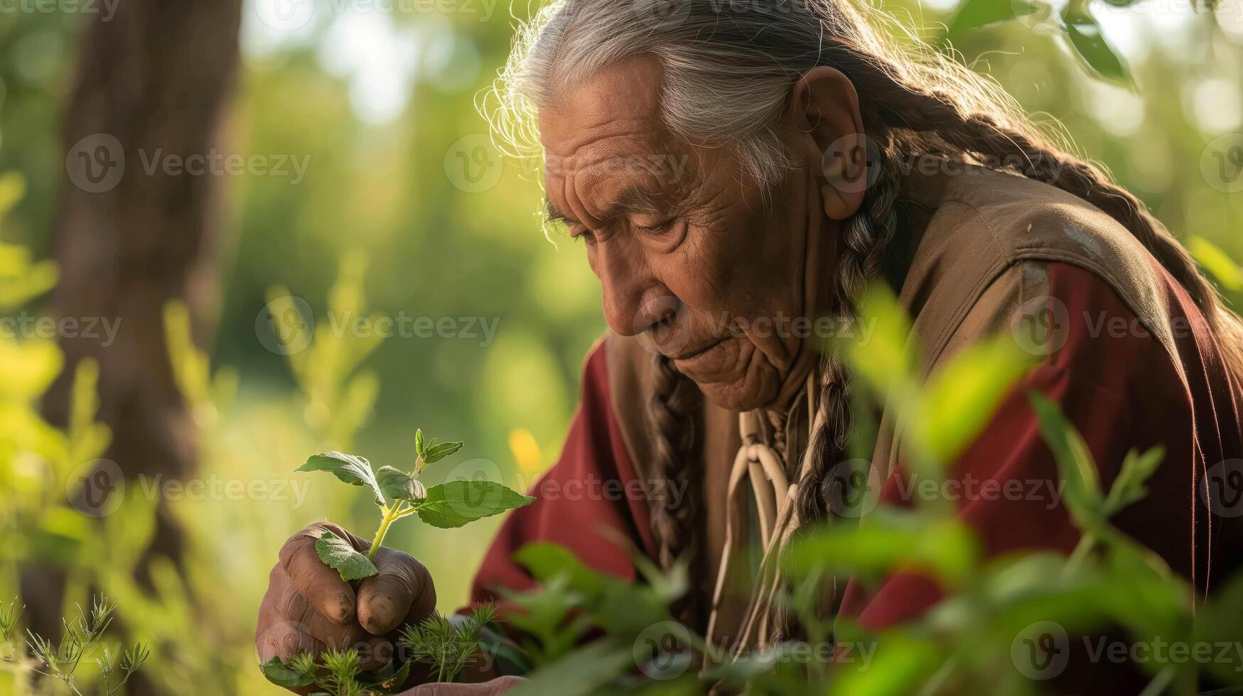 Elderly Native American Man Engaged in Nature and Eco-Friendly Practices in a Lush Forest Setting photo
