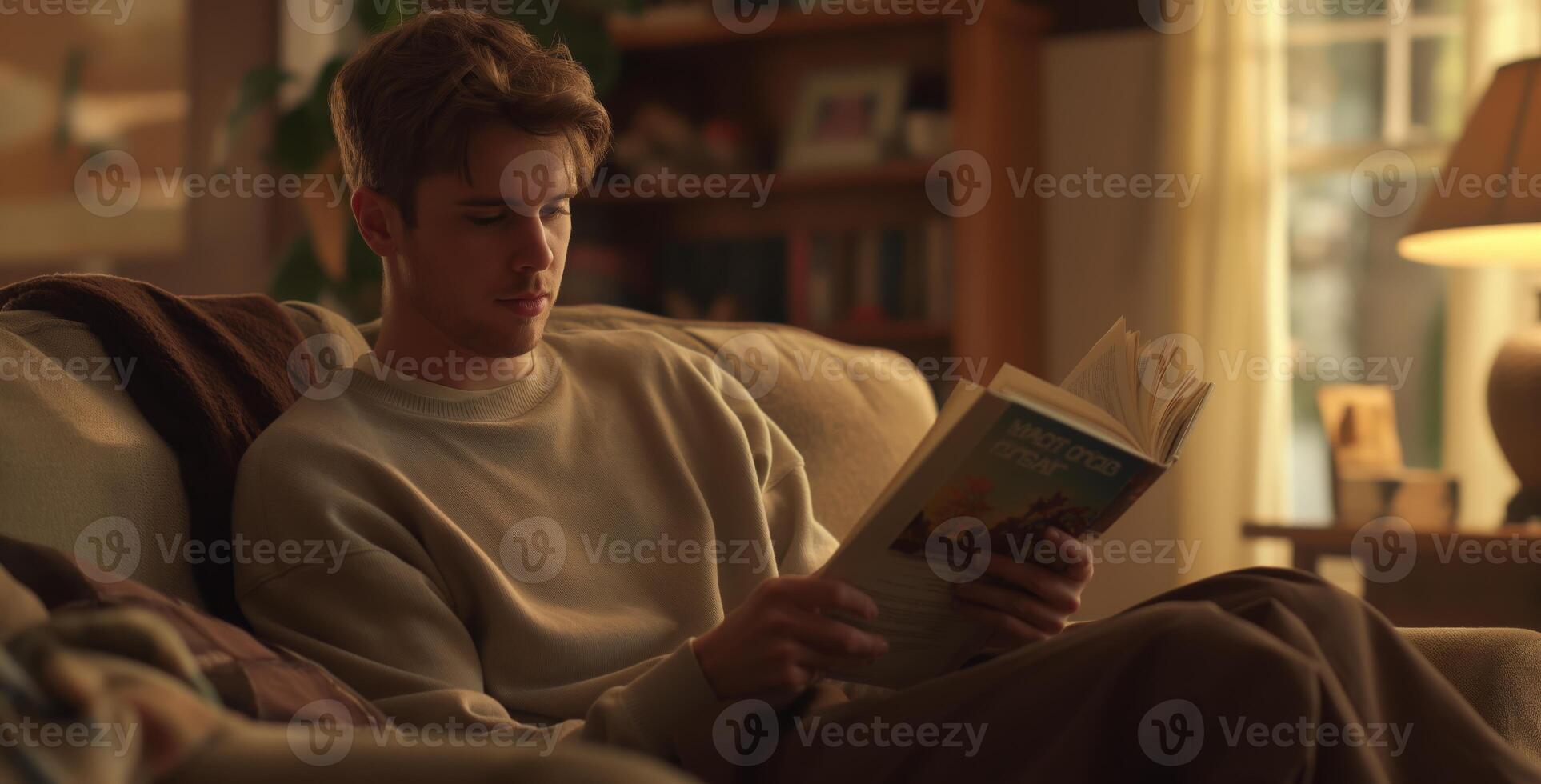 Young Canadian Man Reading Book Indoors, Cozy Living Room Setting, Casual Home Leisure Scene, Relaxation Concept photo