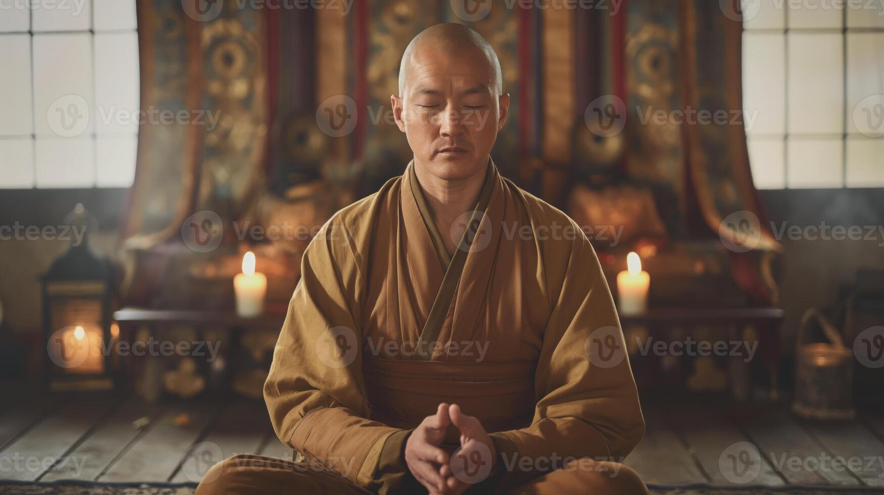 Bald Tibetan Man Meditating in Traditional Robe in Serene Candle-Lit Room, Buddhist Meditation, Traditional Practices photo