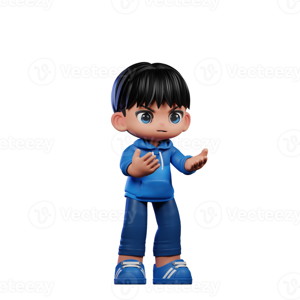 3d Cartoon Character with a Blue Shirt and Blue Pants Angry Pose png