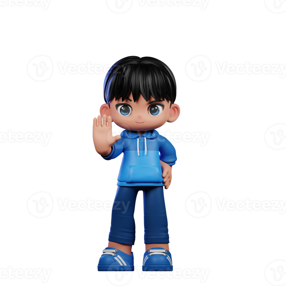 3d Cartoon Character with a Blue Shirt and Blue Pants Doing Stop Sign Pose png