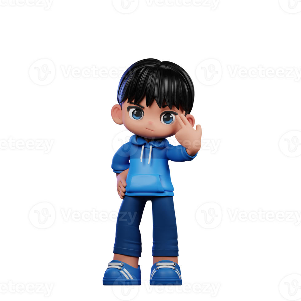 3d Cartoon Character with a Blue Shirt and Blue Pants Pointing at Him Pose png