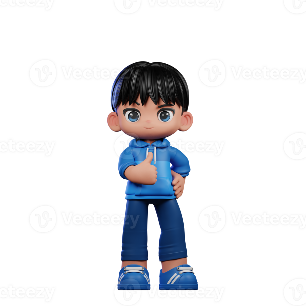 3d Cartoon Character with a Blue Shirt and Blue Pants Showing Thumbs Up Pose png