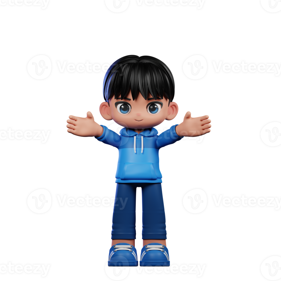 3d Cartoon Character with a Blue Shirt and Blue Pants Showing Welcome Pose png
