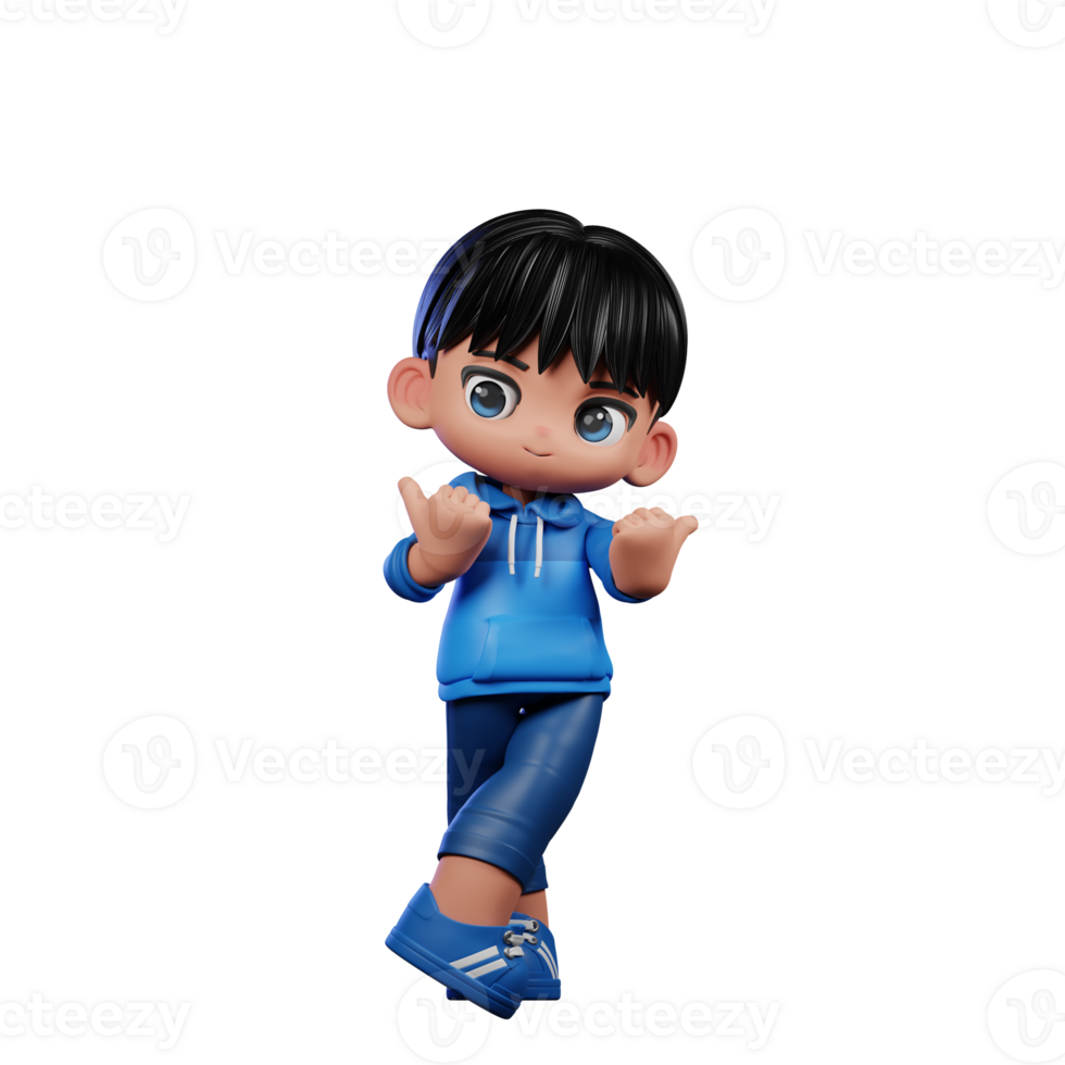 3d Cartoon Character with a Blue Shirt and Blue Pants Pointing at Side Pose png