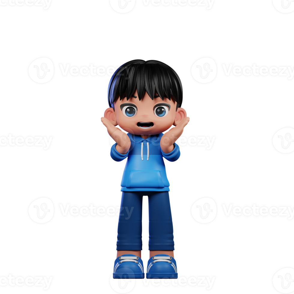 3d Cartoon Character with a Blue Shirt and Blue Pants Surprise Reacting Happily Pose png