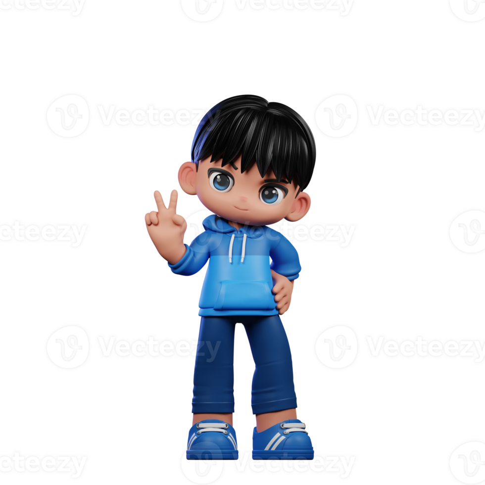 3d Cartoon Character with a Blue Shirt and Blue Pants Showing Peace Sign Pose png