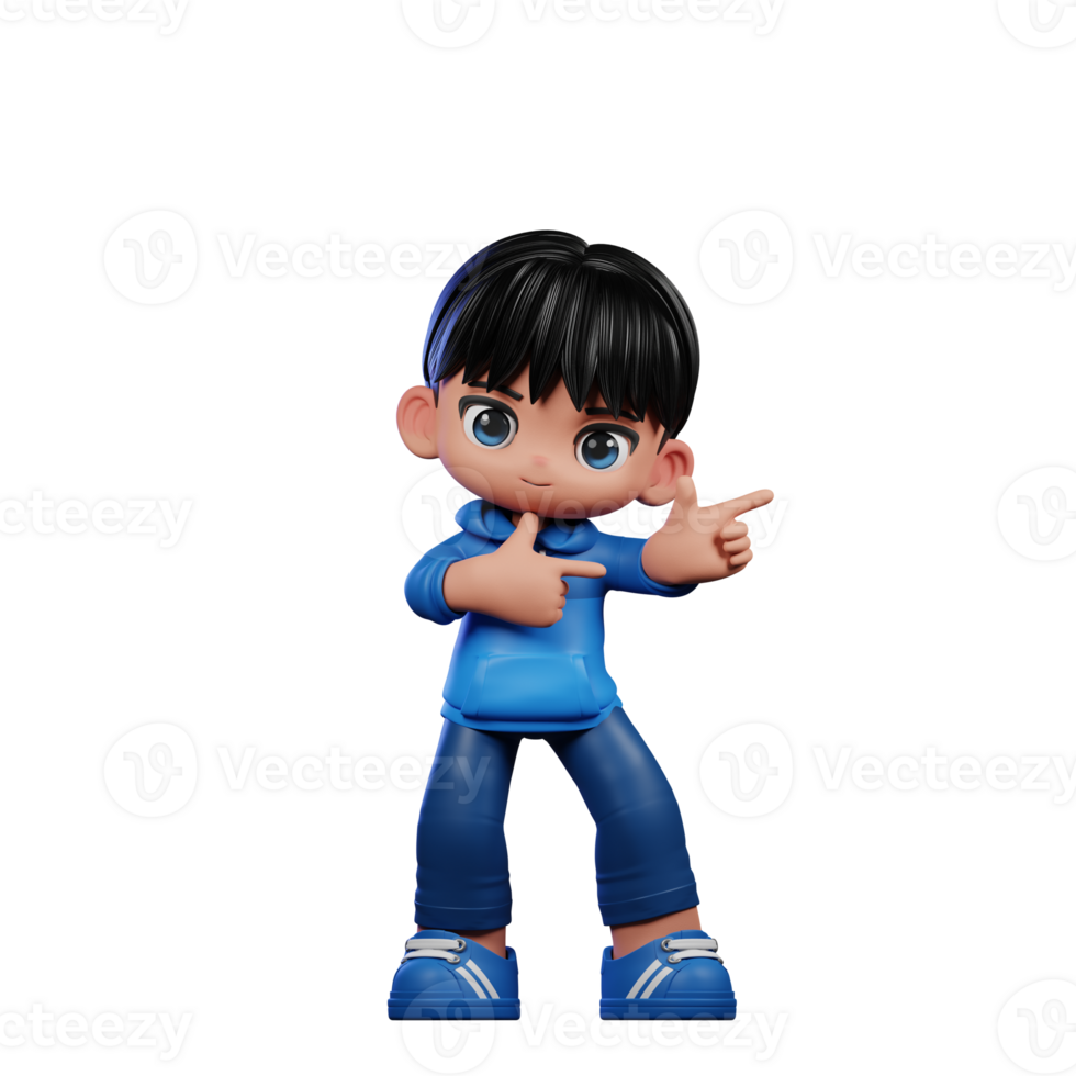 3d Cartoon Character with a Blue Shirt and Blue Pants Pointing Left Pose png
