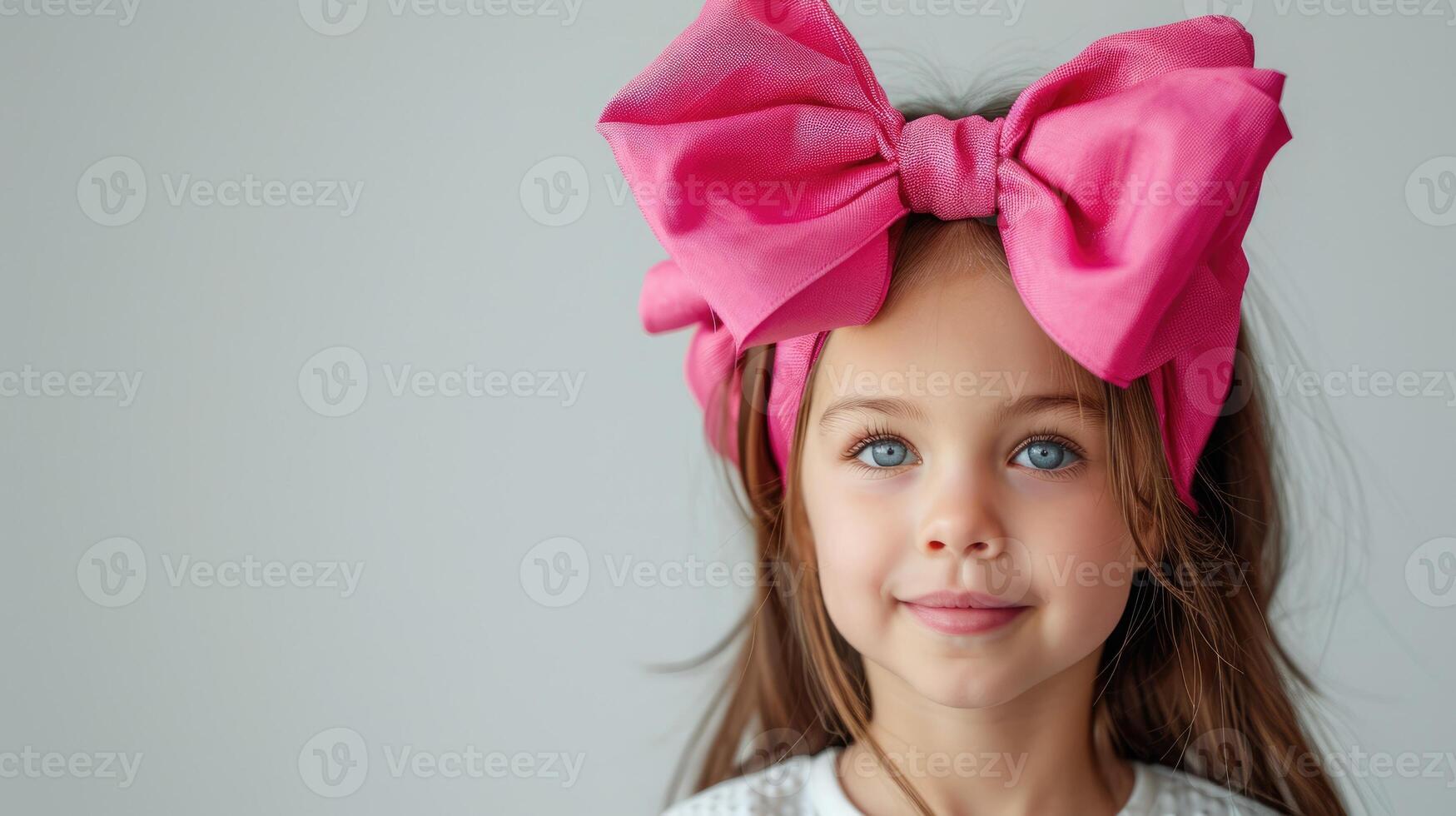 girl with big bow on the head on light background , free copy space photo