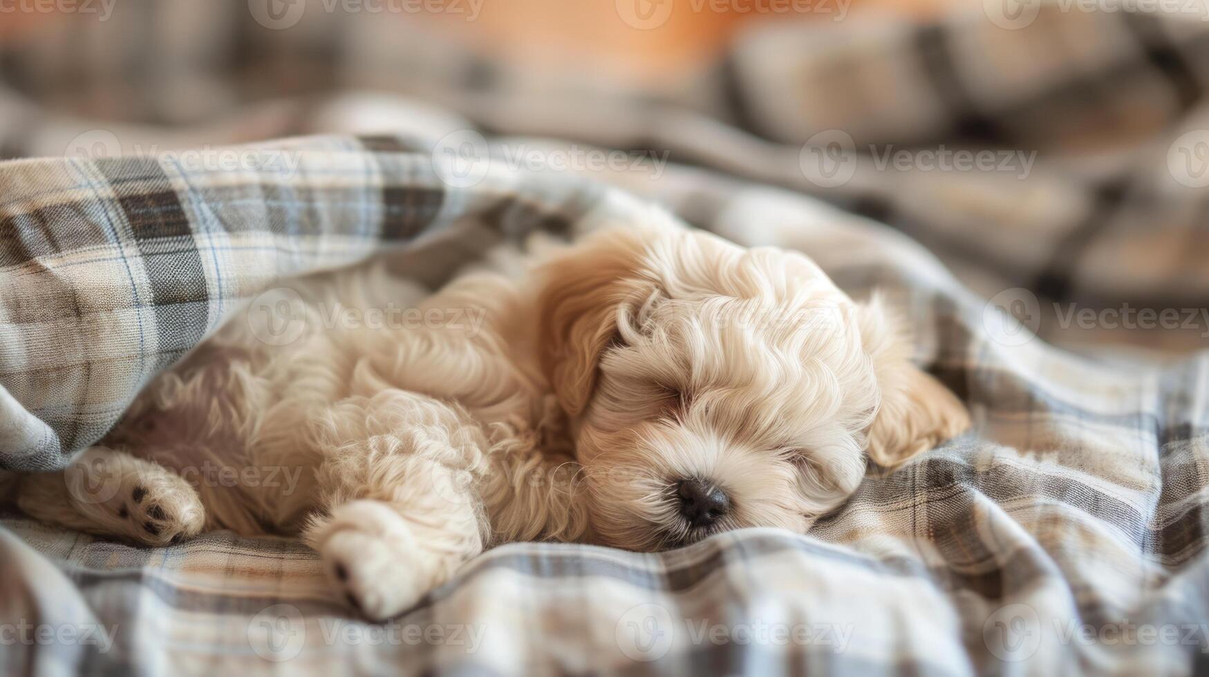 maltipoo puppy, sleep relaxed on checkered plaid, little dog rest, world pets day. photo