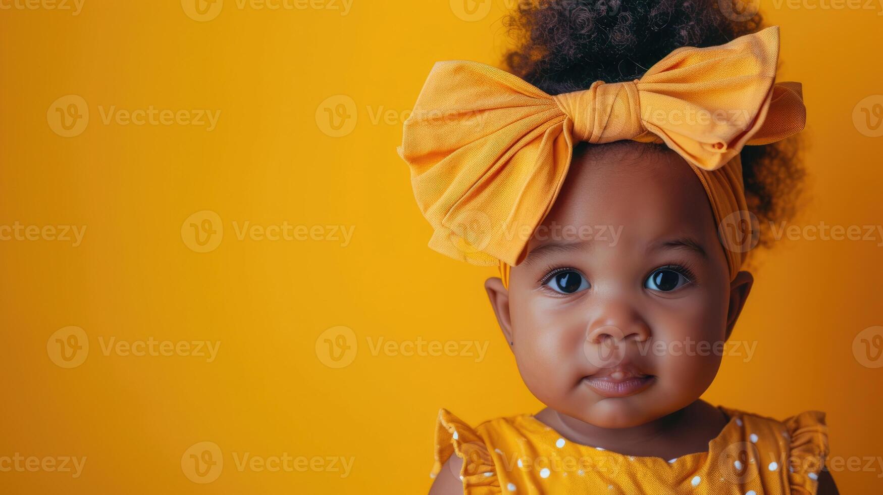 Afro American girl with big bow on the head on light background , free copy space photo