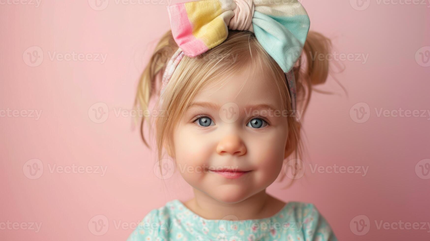 little blond girl with big bow on the head on light background , free copy space photo