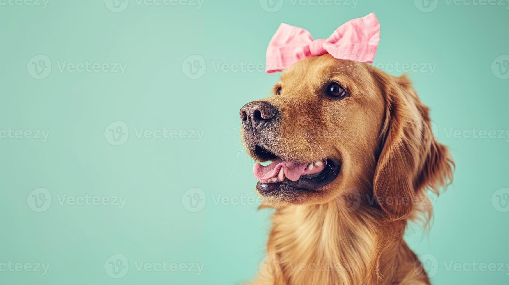 dog with pink bow on head, clean pastel background photo