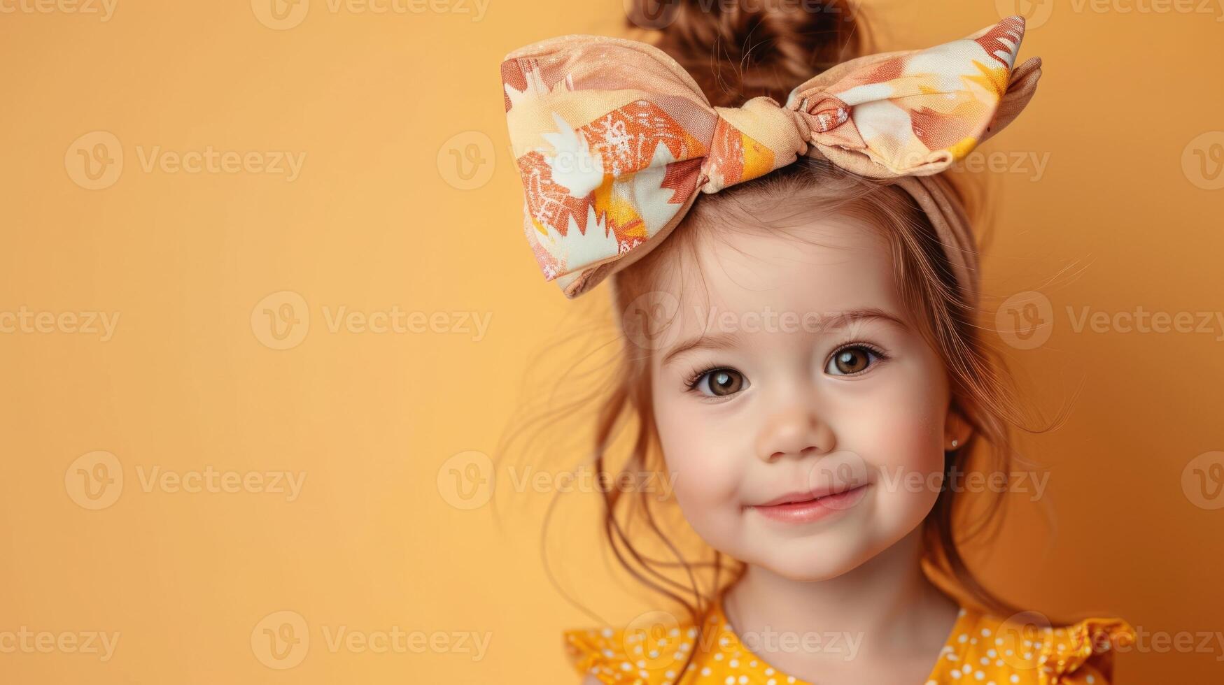 girl with big bow on the head on light background , free copy space photo