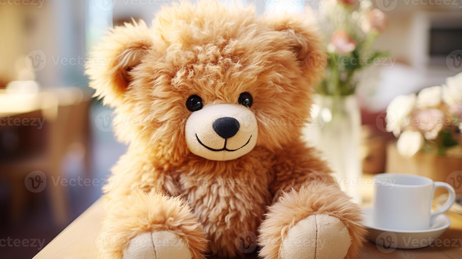 Fluffy teddy bear sitting on table a cute childhood friend photo