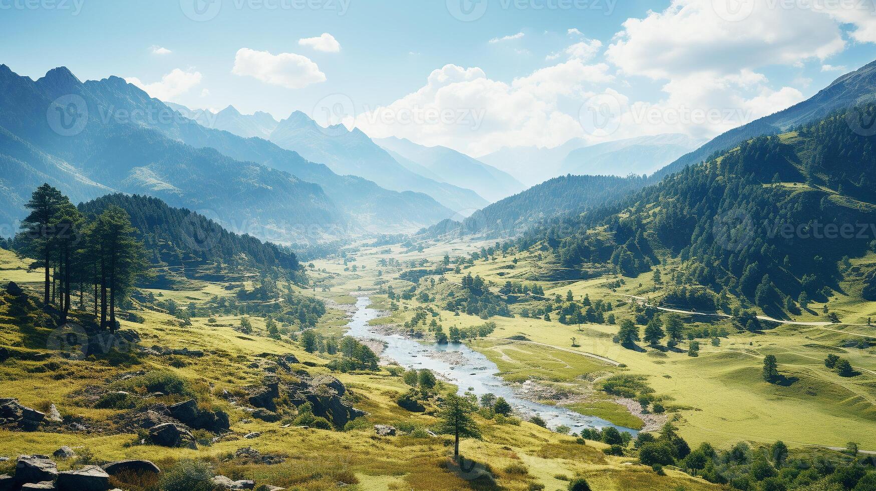 Drone captures tranquil beauty in nature high above mountain range photo