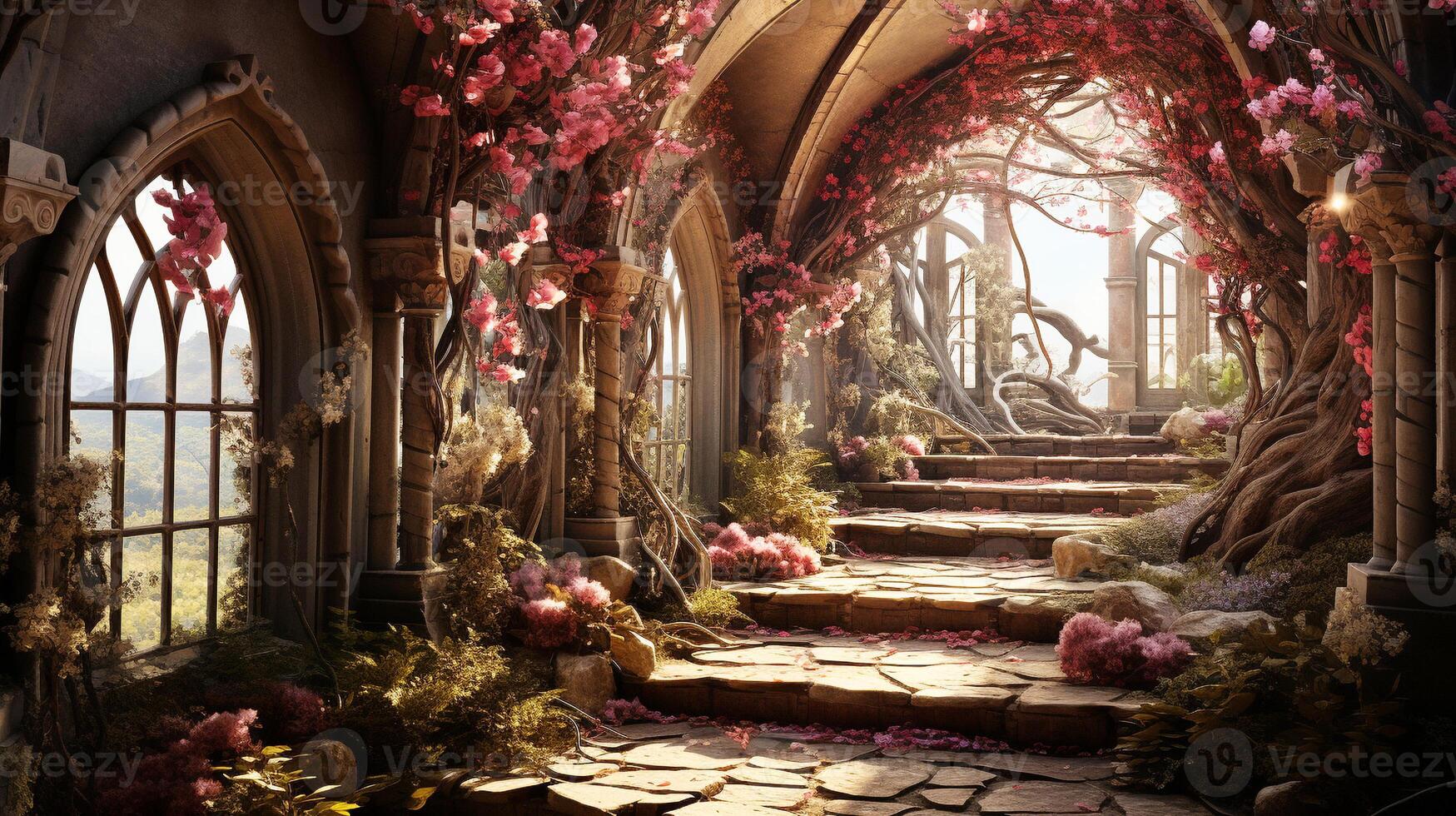 Footpath under a beautiful arch of flowers and plants photo