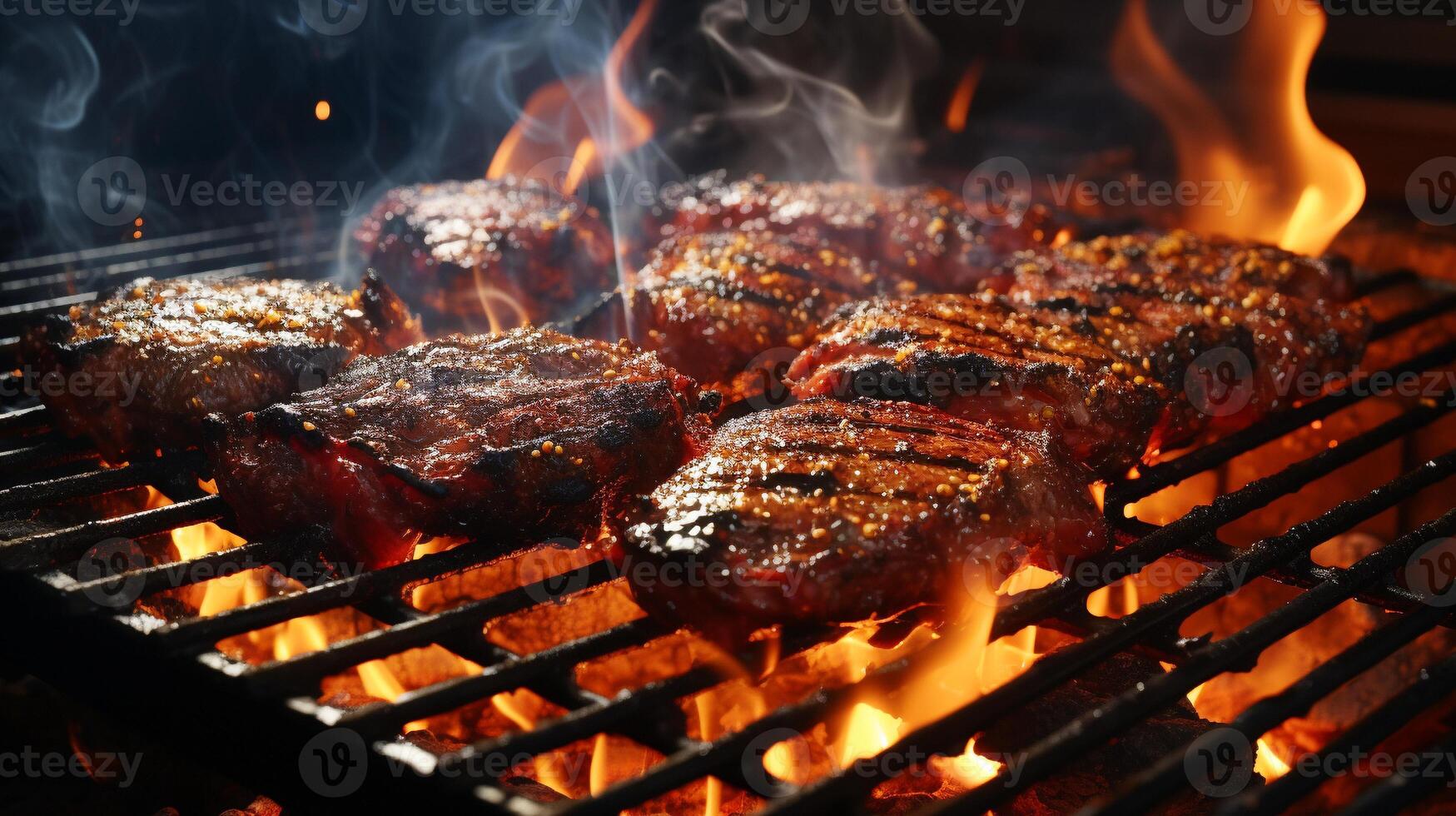Flame grilled meat cooking on flames photo
