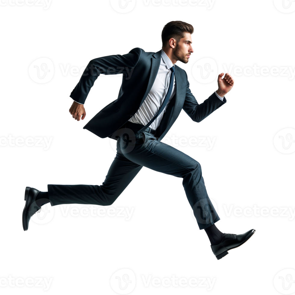Businessman running or jumping isolated on transparent background. png