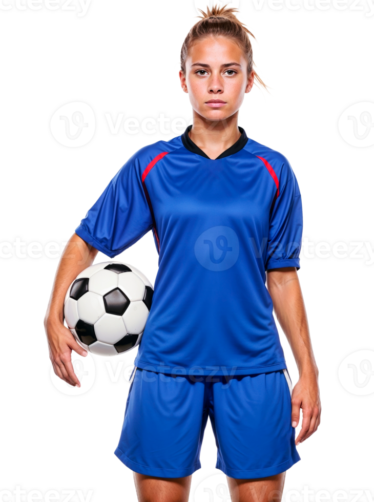Girl soccer player portrait isolated on transparent background. Confident young Woman footballer. png