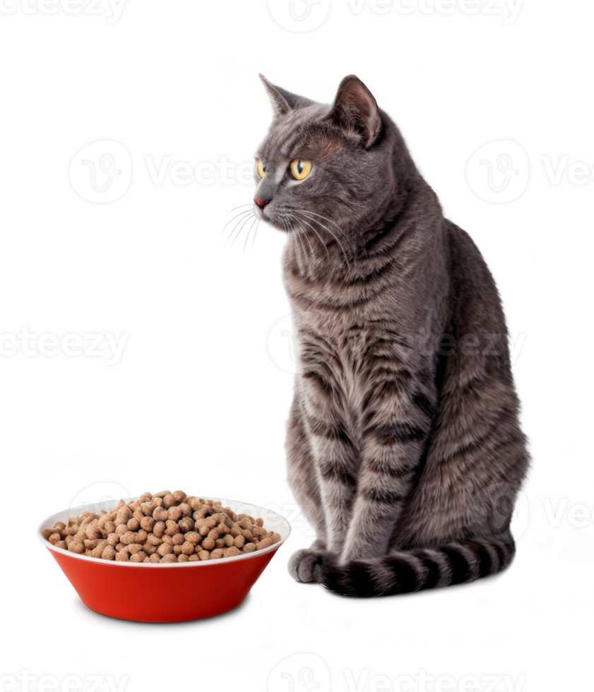 Cat with a bowl of food isolated on transparent background png