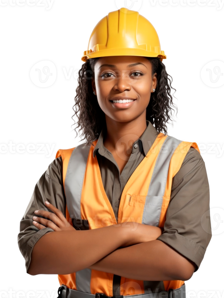 Happy african american woman engineer worker isolated on transparent background png