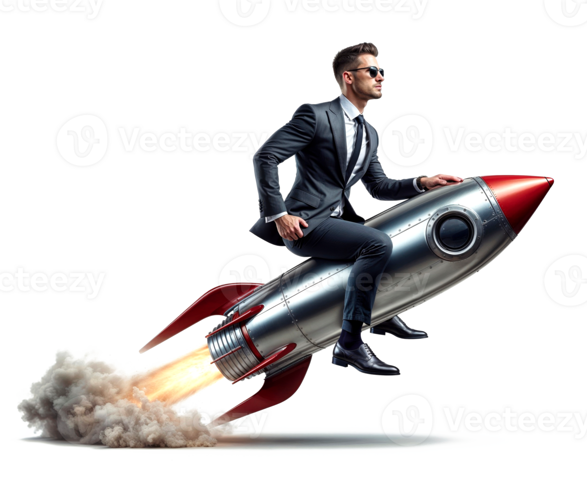 Businessman riding a rocket isolated on transparent background. Growth, Innovation and Entrepreneurial Spirit png