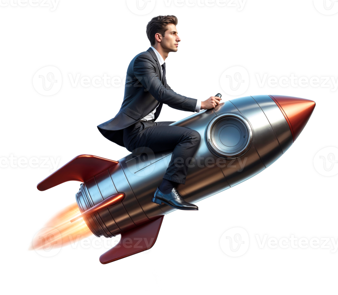 Businessman riding a rocket isolated on transparent background. Growth, Innovation and Entrepreneurial Spirit png