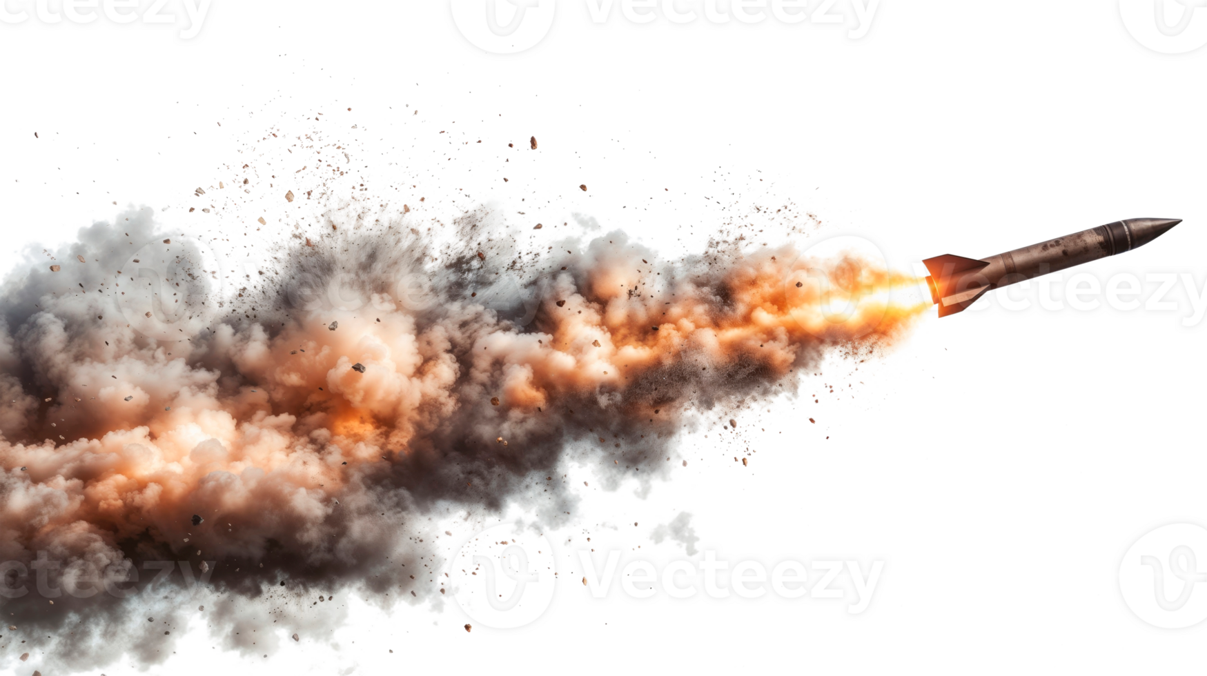 Missile with fire and smoke trail flying at high speed isolated on transparent background png