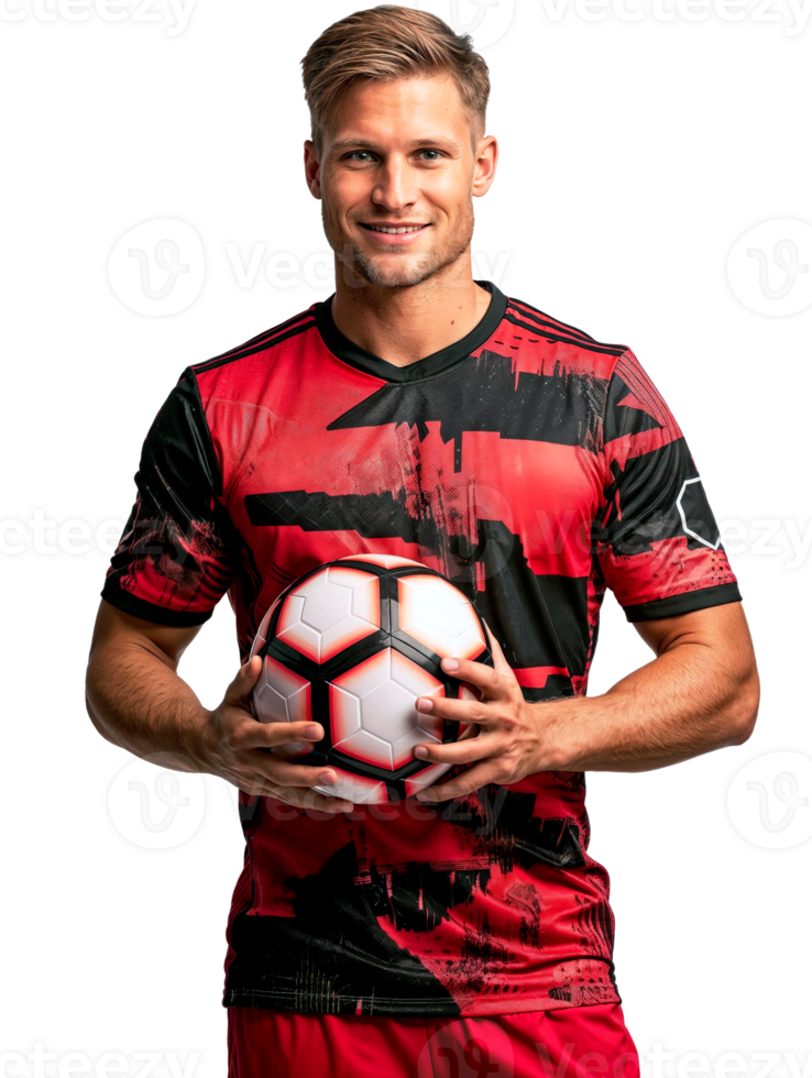 Portrait of a happy soccer player in modern red soccer attire isolated on transparent background png