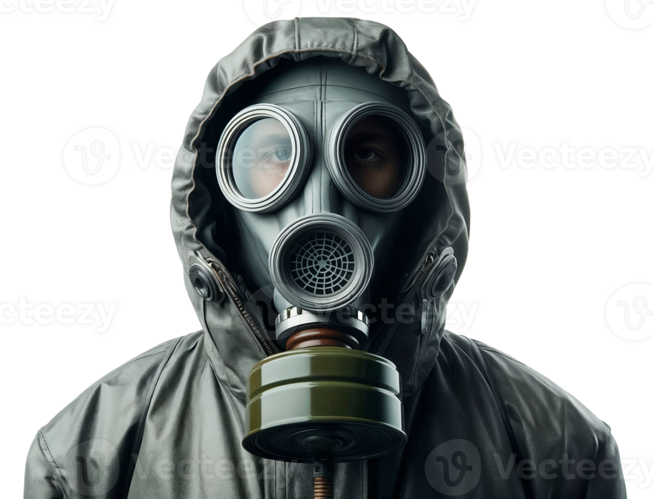 Portrait of a soldier with gas mask and protective suit isolated on transparent background png