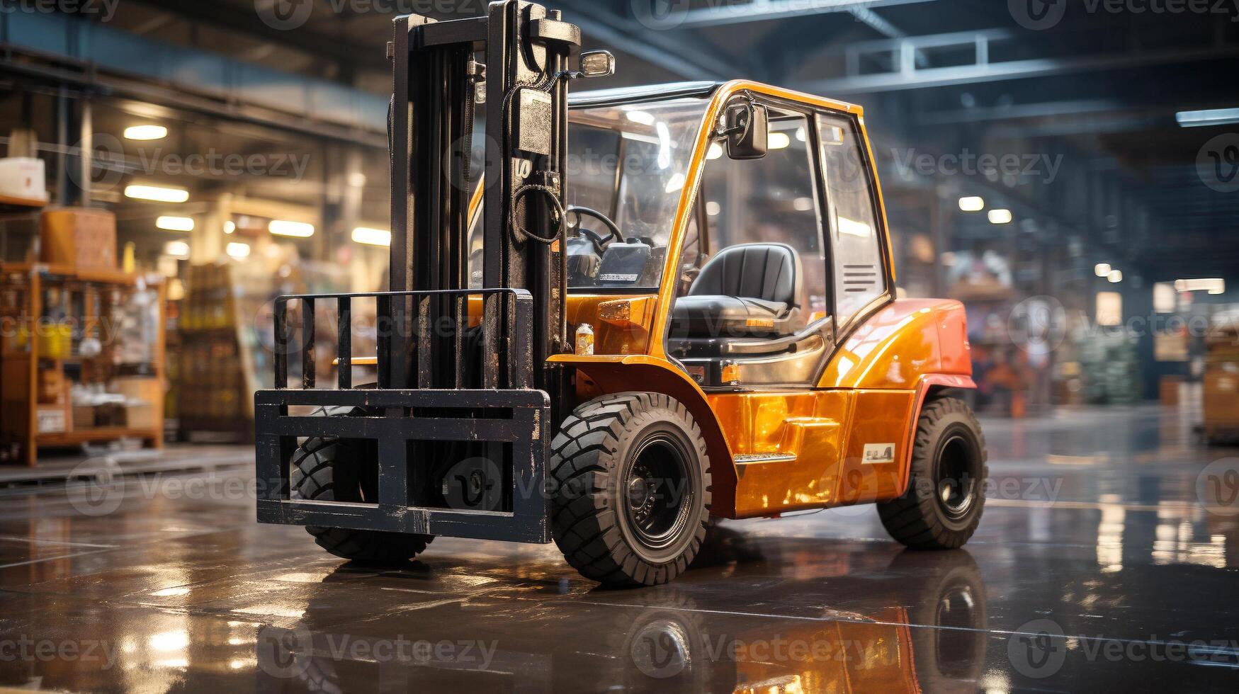 Forklift transporting cargo container in distribution warehouse photo