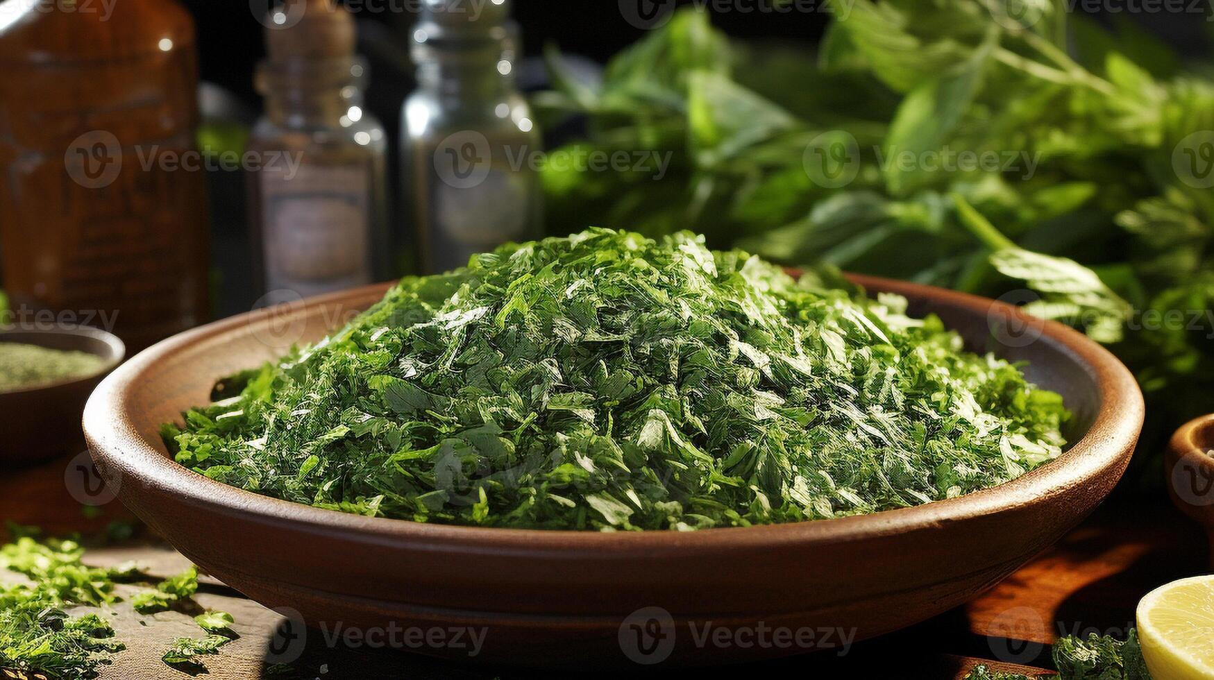 Fresh herb seasoning in rustic wood bowl photo