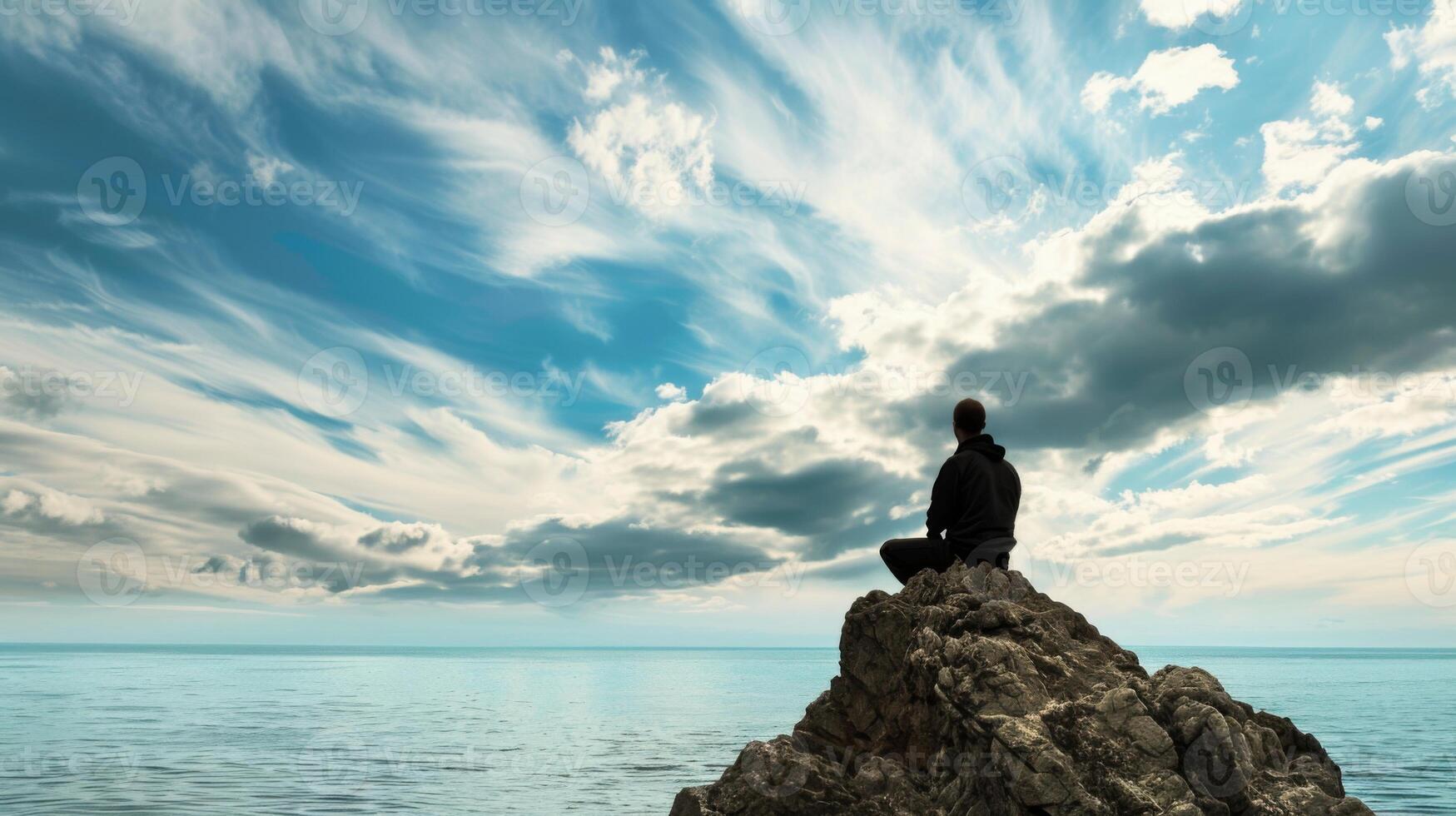 Man Sitting on Top of Rock in Middle of Ocean. AI-generated photo
