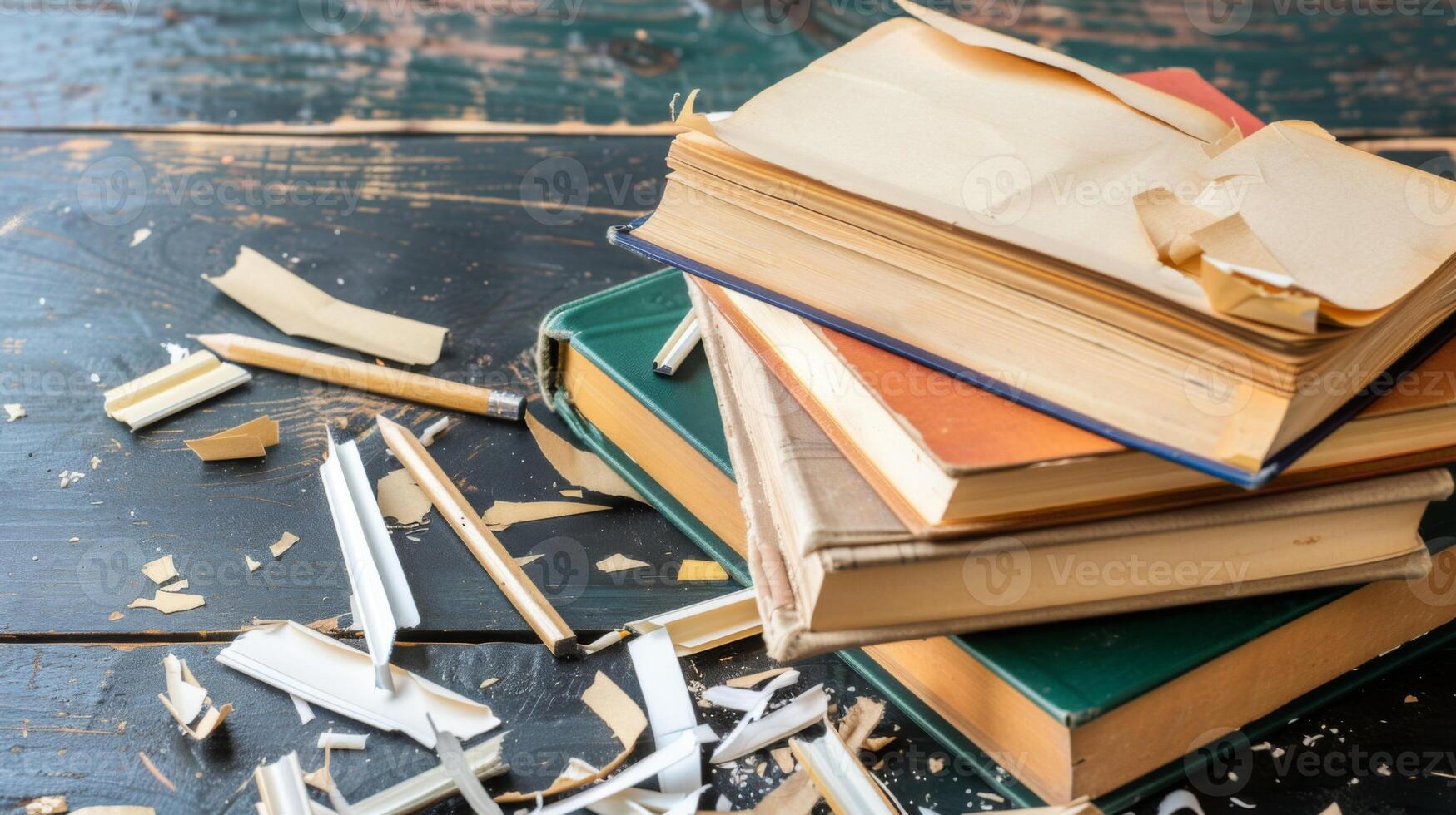 A Pile of Books on Wooden Table. AI-generated photo