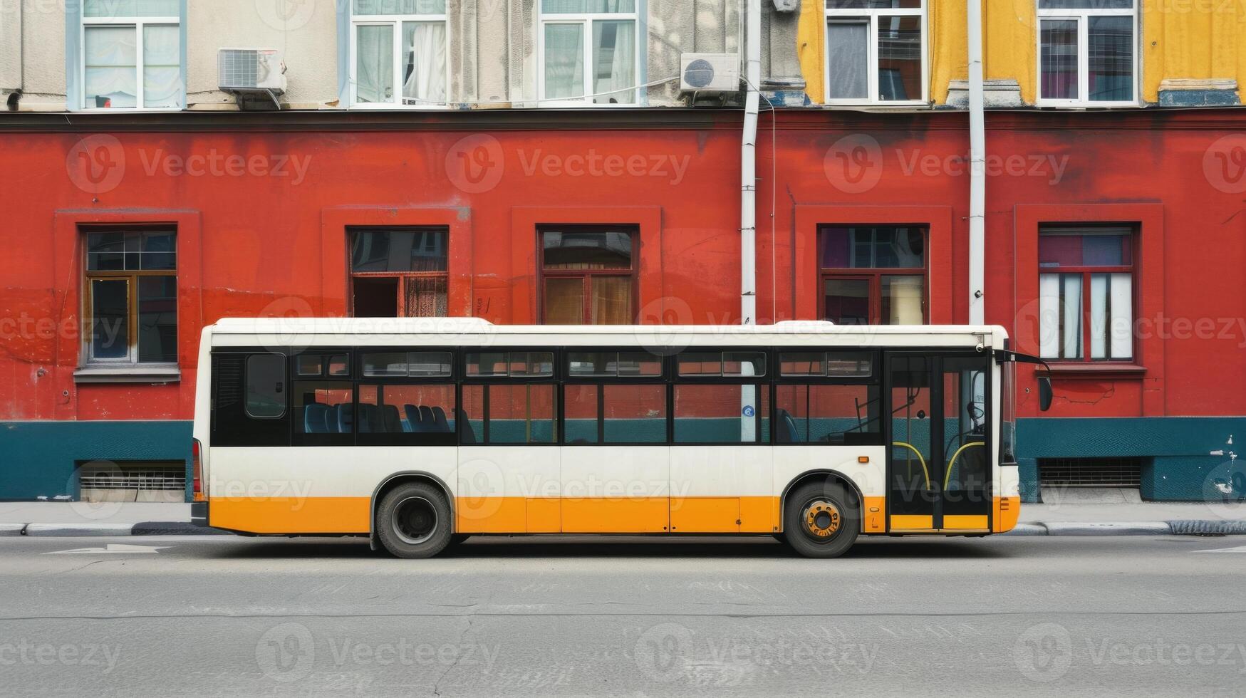 Yellow and White Bus Parked in Front of Building. AI-generated photo