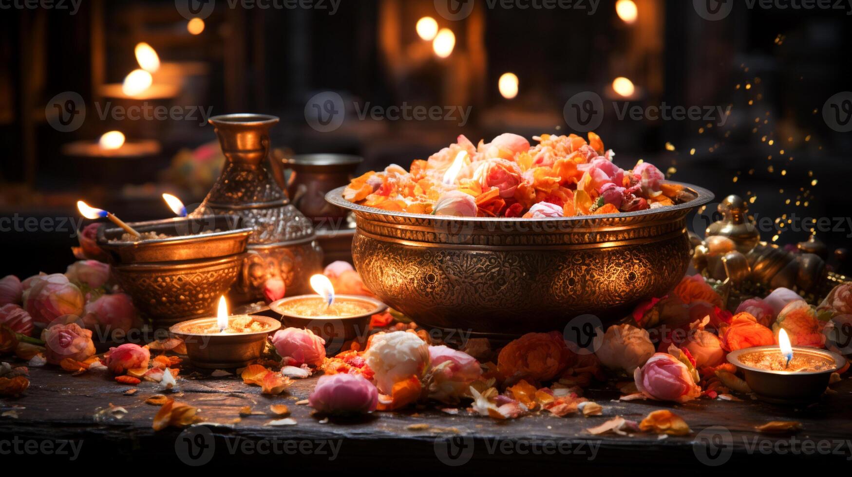 Ganesha, lotus flowers, and diyas Diwali oil lamps photo