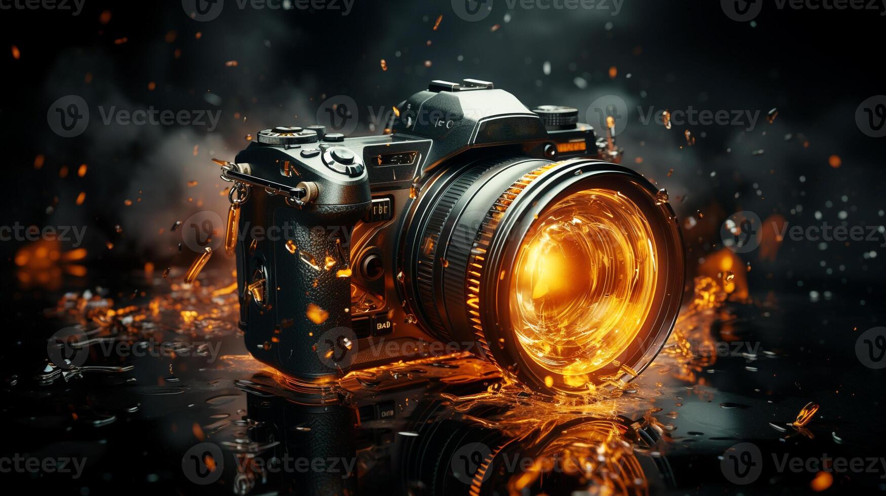 Futuristic photographer illuminates yellow abstract space scene photo