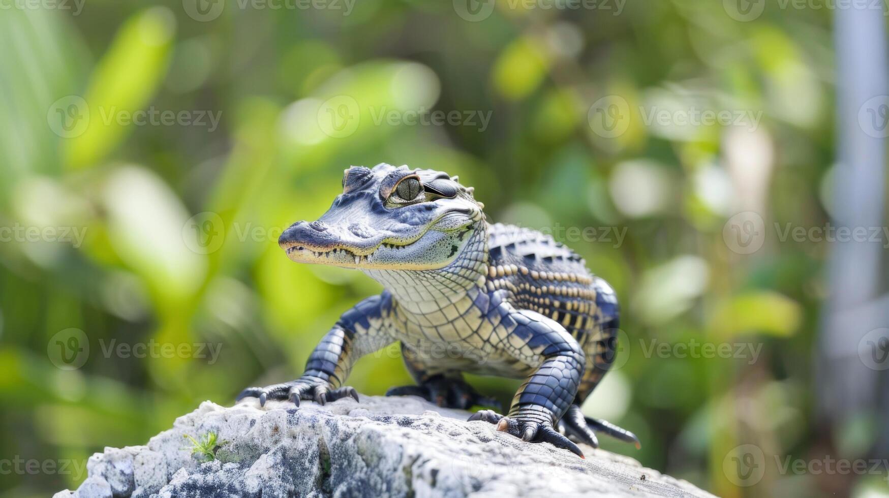 Small Alligator Sitting on Top of a Rock. AI-generated photo