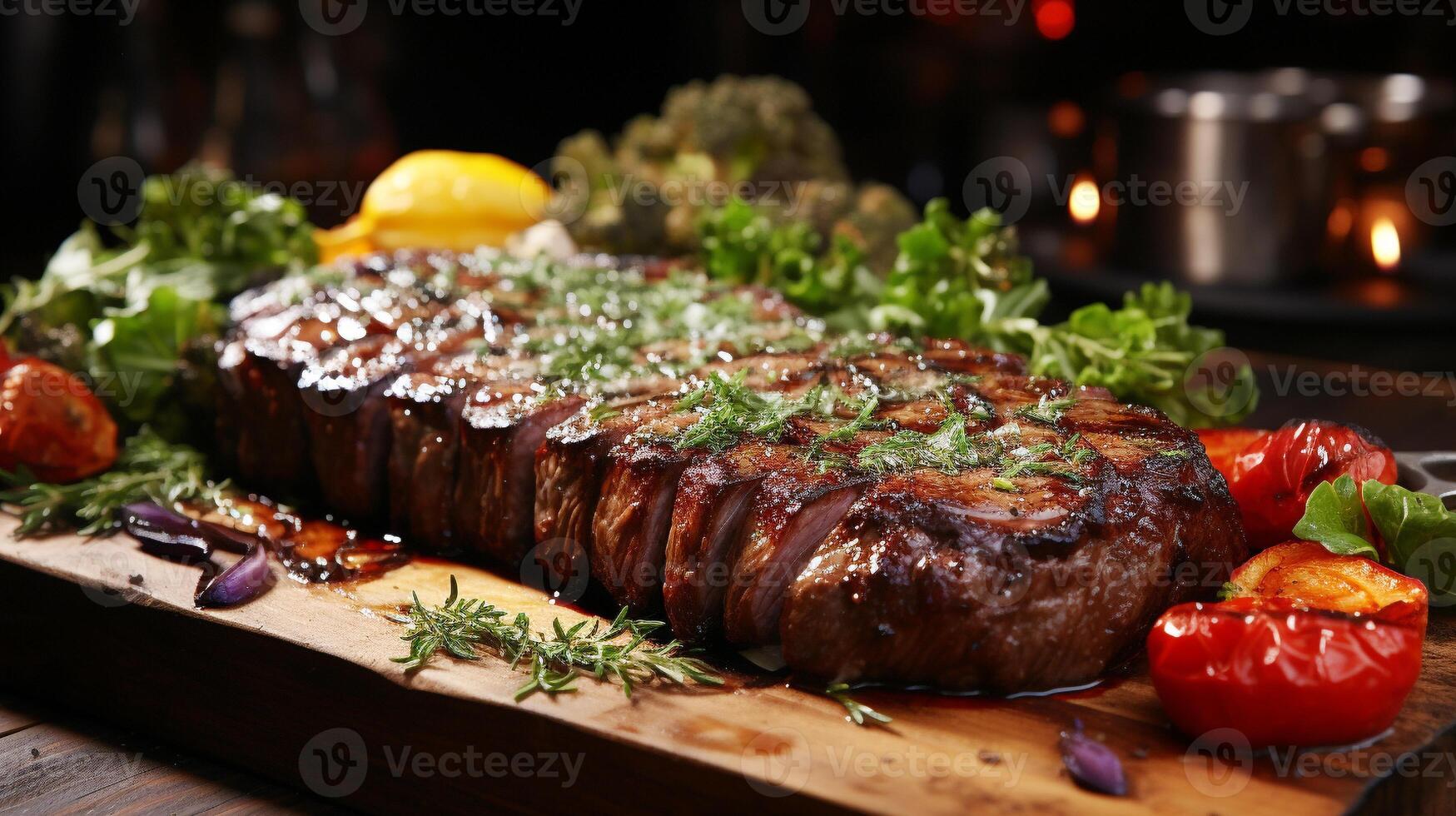 Grilled meat slice on rustic wood table ready to eat main course photo