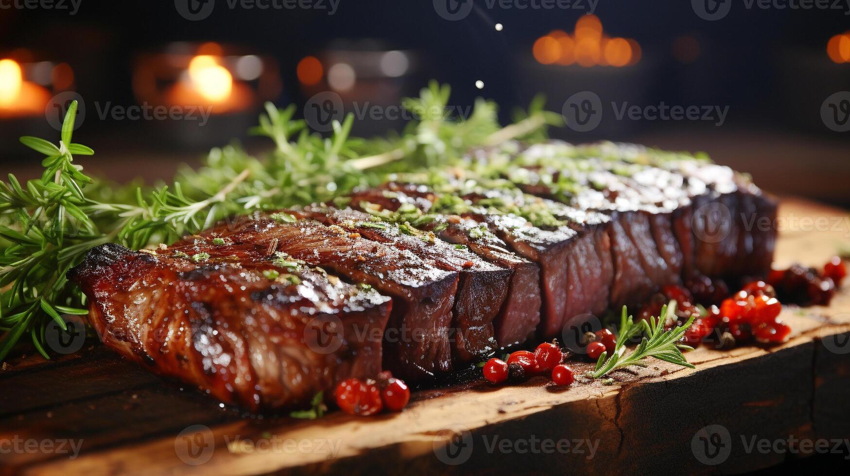 Grilled meat slice on rustic wood table ready to eat main course photo