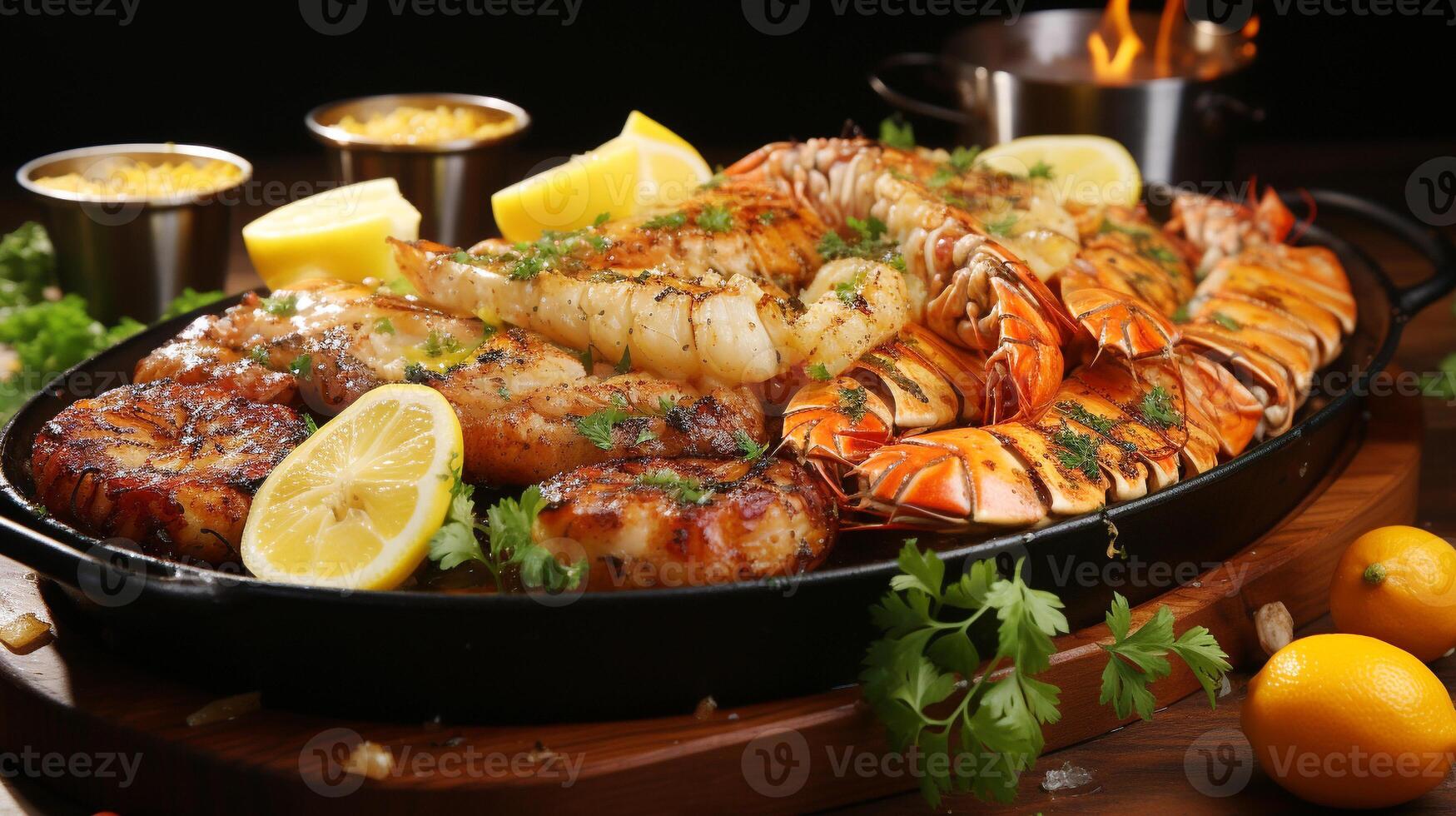 Grilled seafood plate with prawns crab and steamed scampi photo