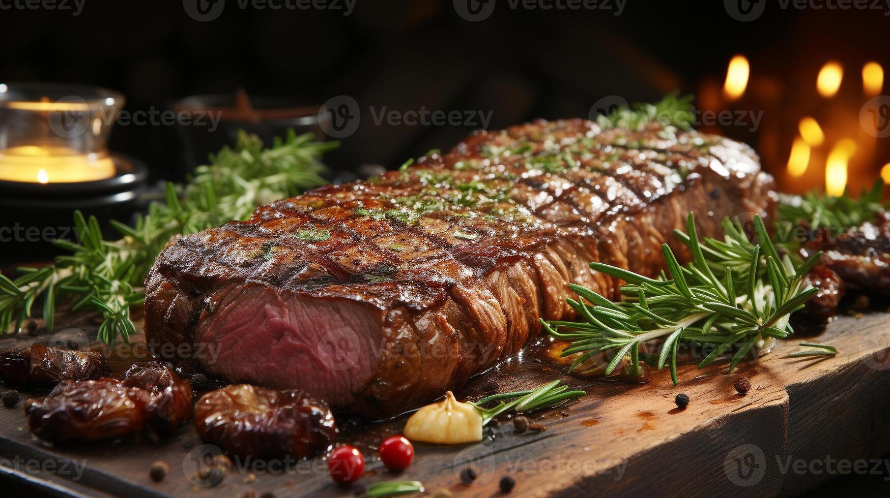 Grilled meat slice on rustic wood table ready to eat main course photo
