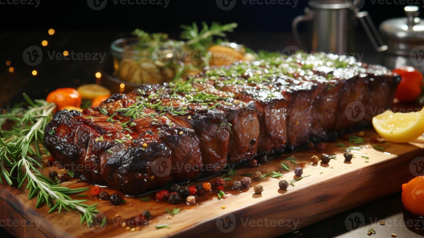 Grilled meat slice on rustic wood table ready to eat main course photo