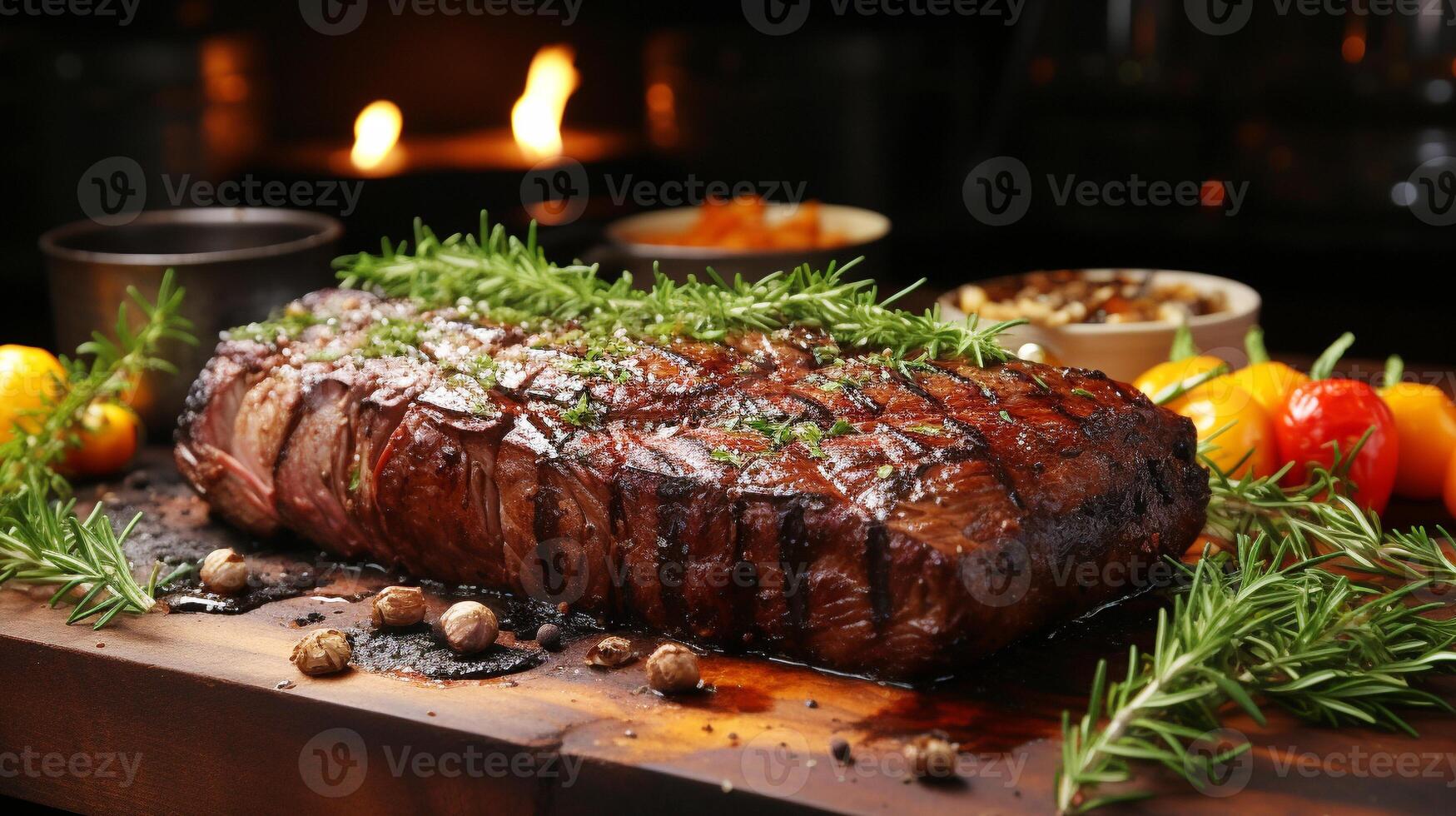 Grilled meat slice on rustic wood table ready to eat main course photo