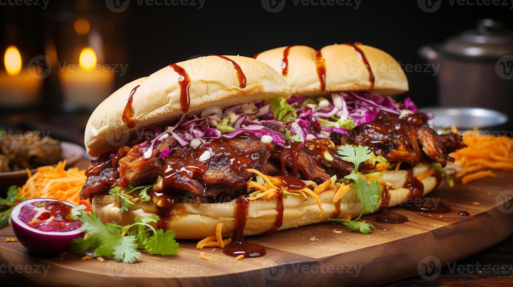 Grilled pulled pork sandwich on a bun with coleslaw photo