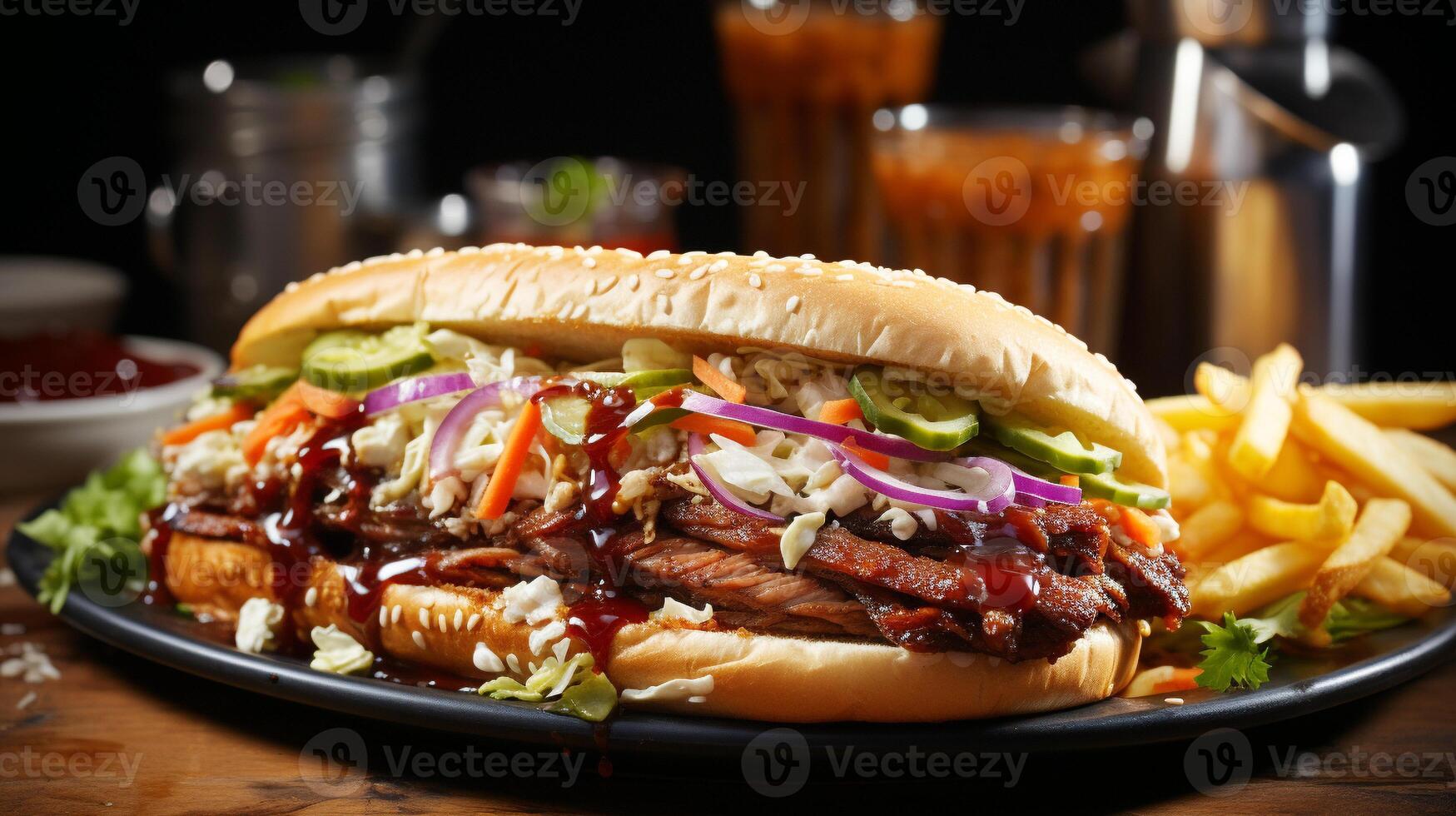 Grilled pulled pork sandwich on a bun with coleslaw photo