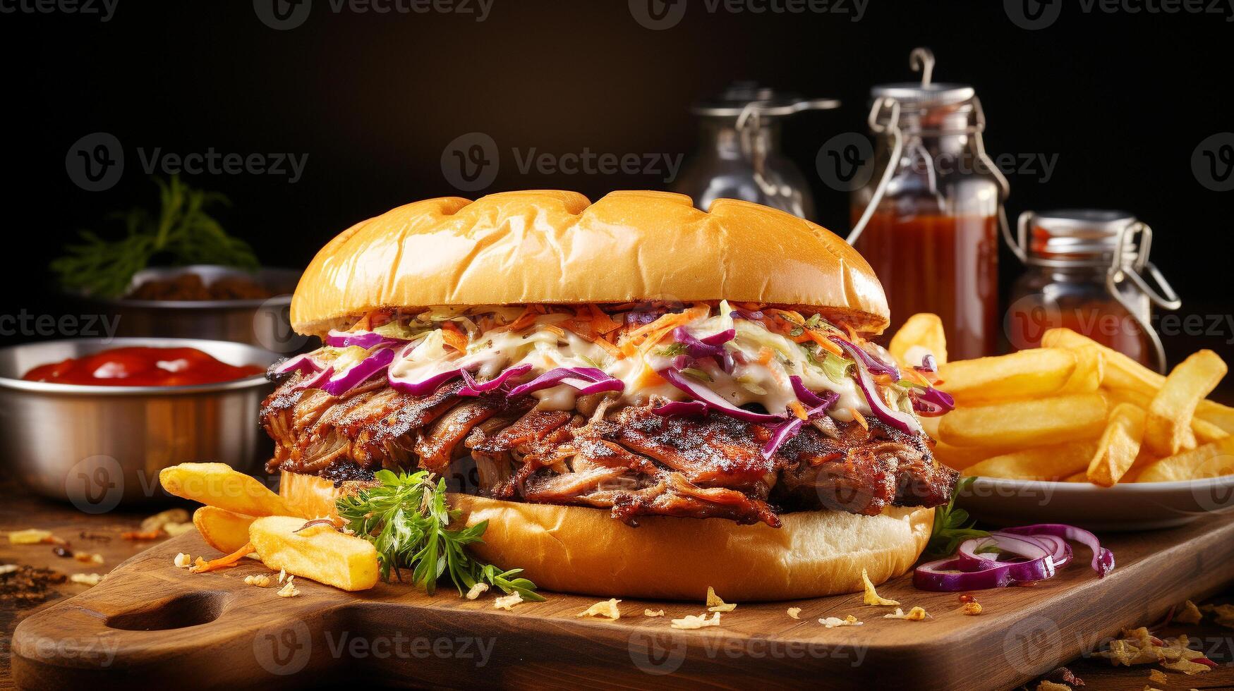 Grilled pulled pork sandwich on a bun with coleslaw photo