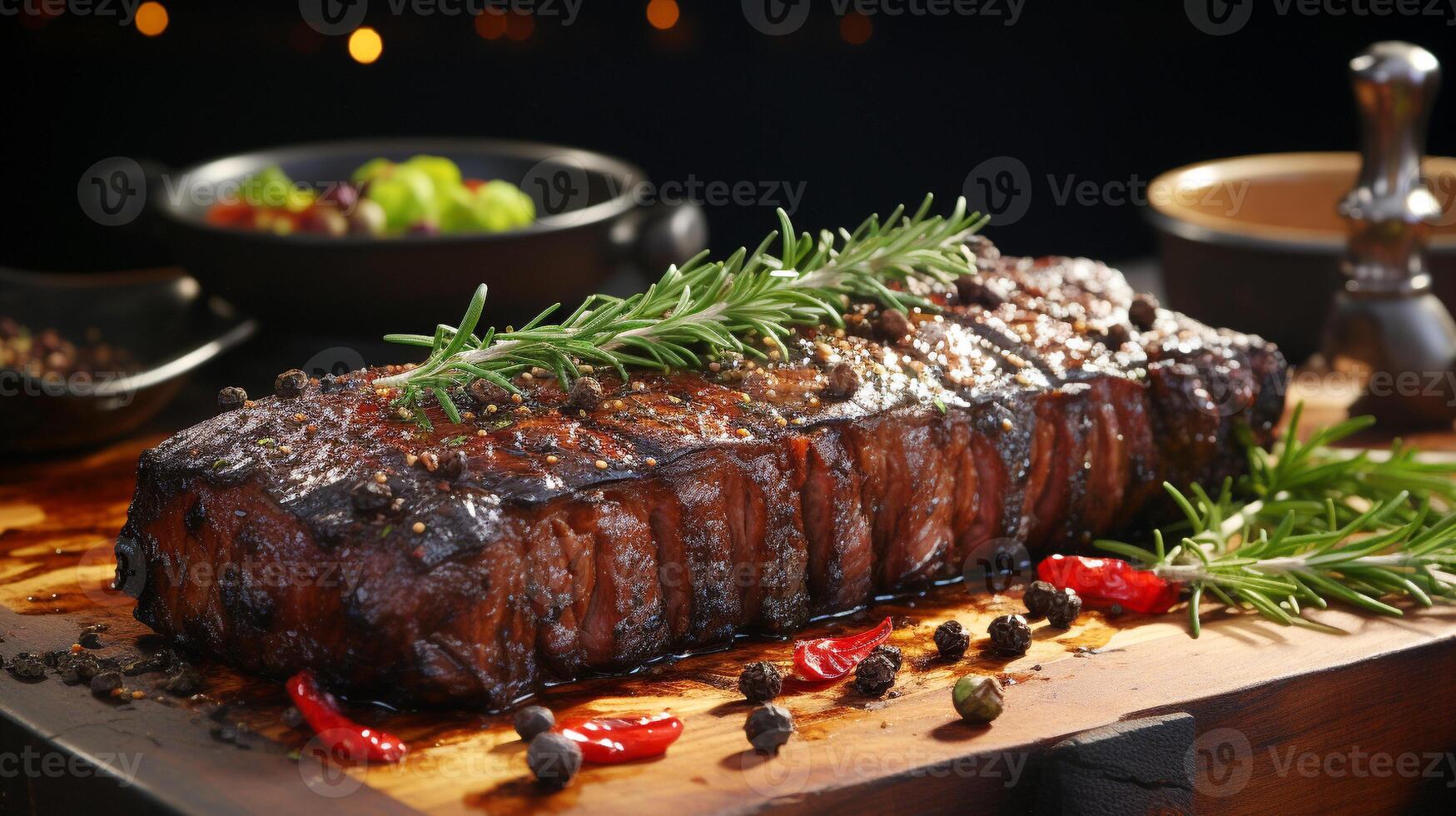 Grilled meat slice on rustic wood table ready to eat main course photo